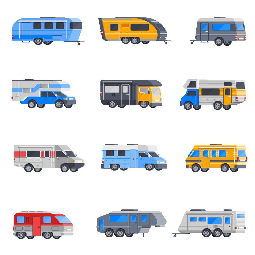 conjunto de ícones de veículos recreativos e autocaravana vetor