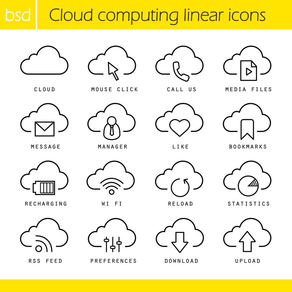 conjunto de ícones lineares de computação em nuvem vetor