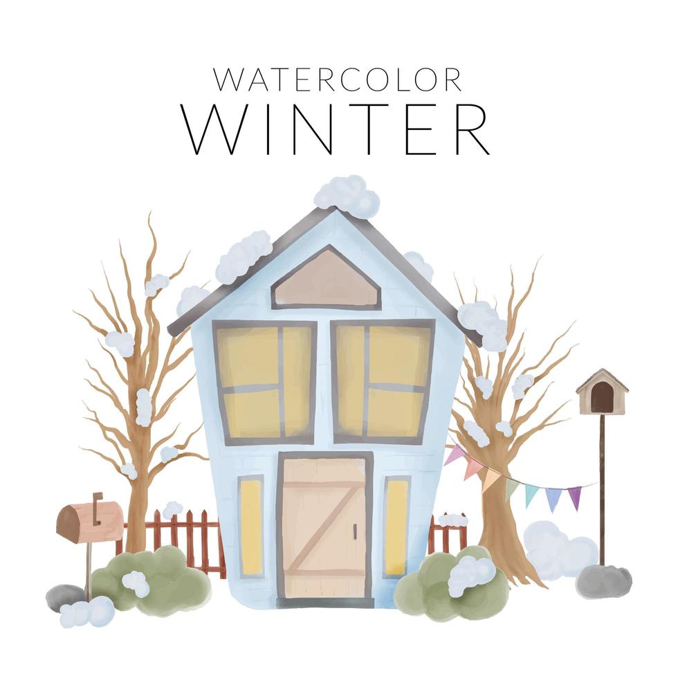 cenário de inverno com casa e árvore pintada à mão vetor