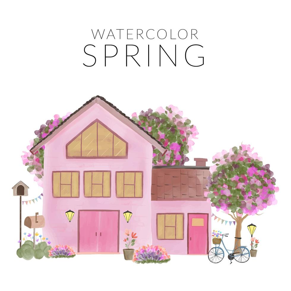 aquarela paisagem de primavera com casa e jardim vetor