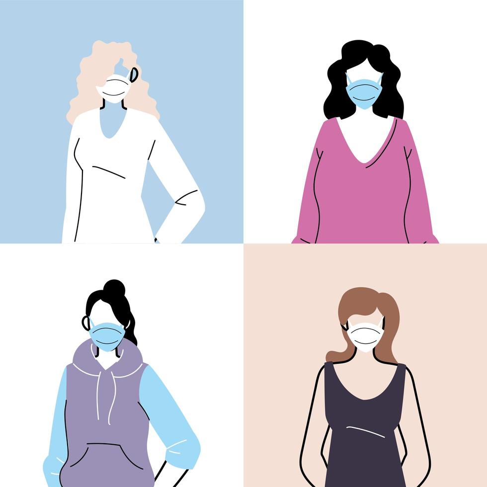 conjunto de mulheres com máscaras médicas protetoras vetor