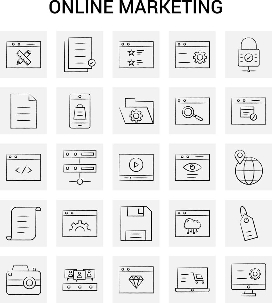 25 ícones de marketing on-line desenhados à mão conjunto doodle de vetor de fundo cinza