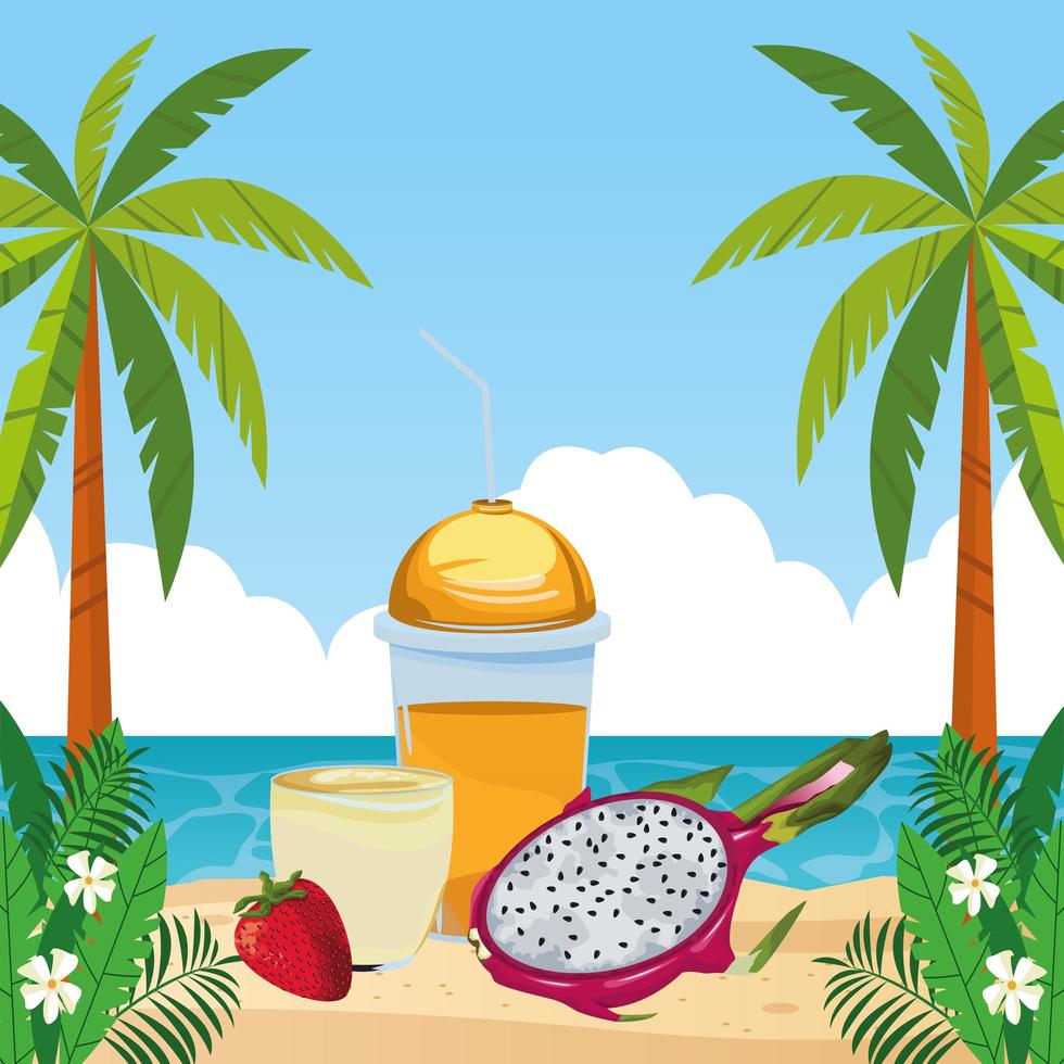 cena de praia de frutas tropicais e smoothie vetor