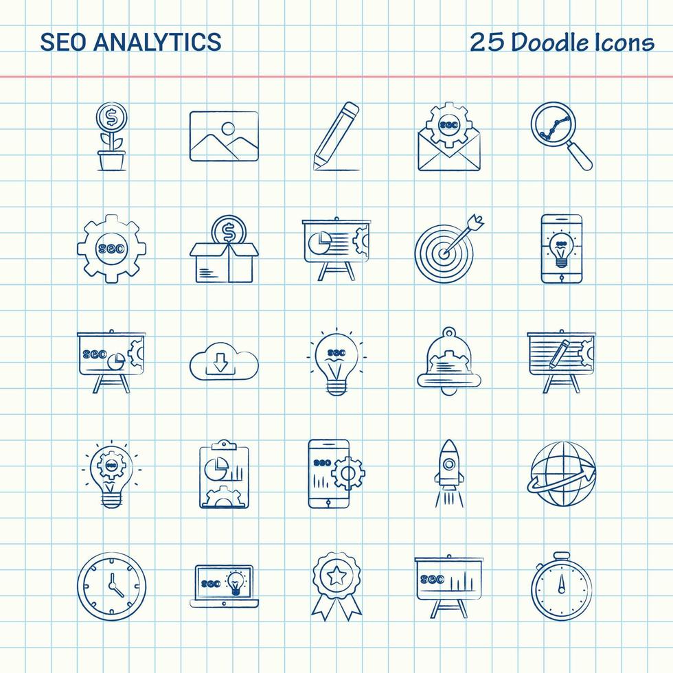 seo analytics 25 doodle icons conjunto de ícones de negócios desenhados à mão vetor
