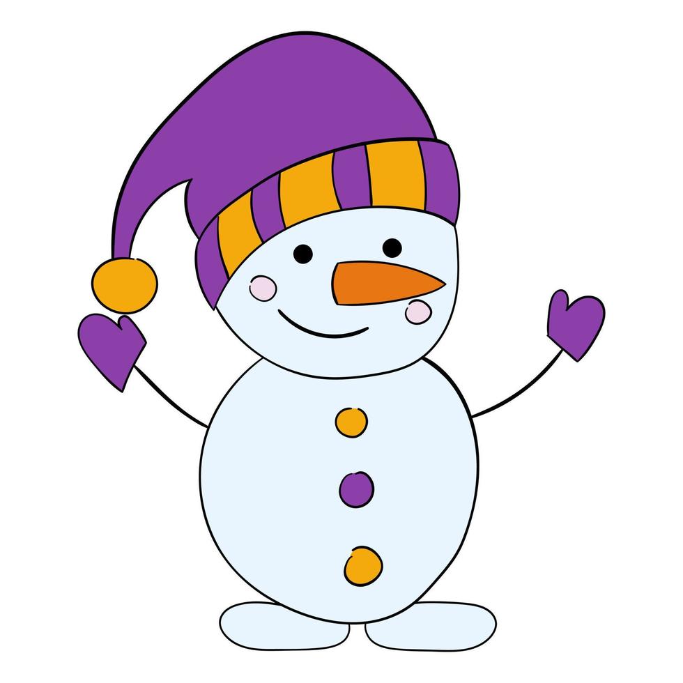 boneco de neve bonito dos desenhos animados em um chapéu roxo com um lenço. ilustração vetorial. vetor