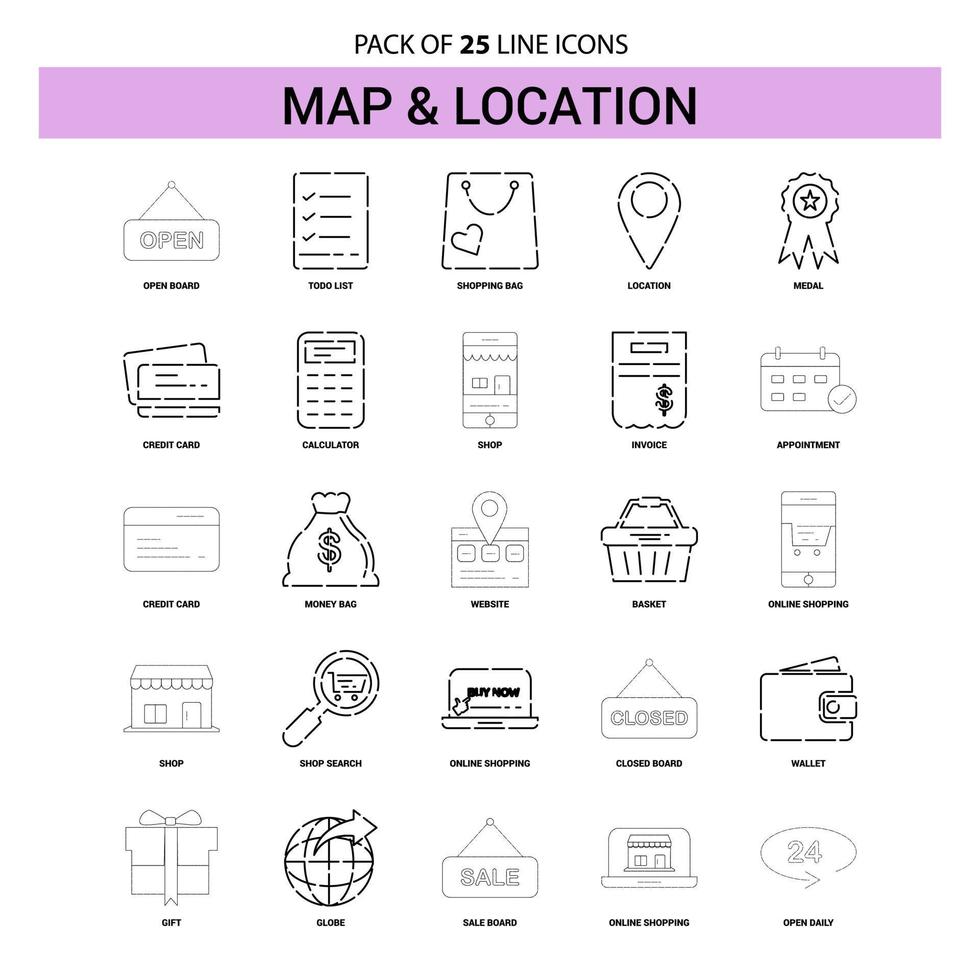 conjunto de ícones de linha de mapa e localização 25 estilo de contorno tracejada vetor