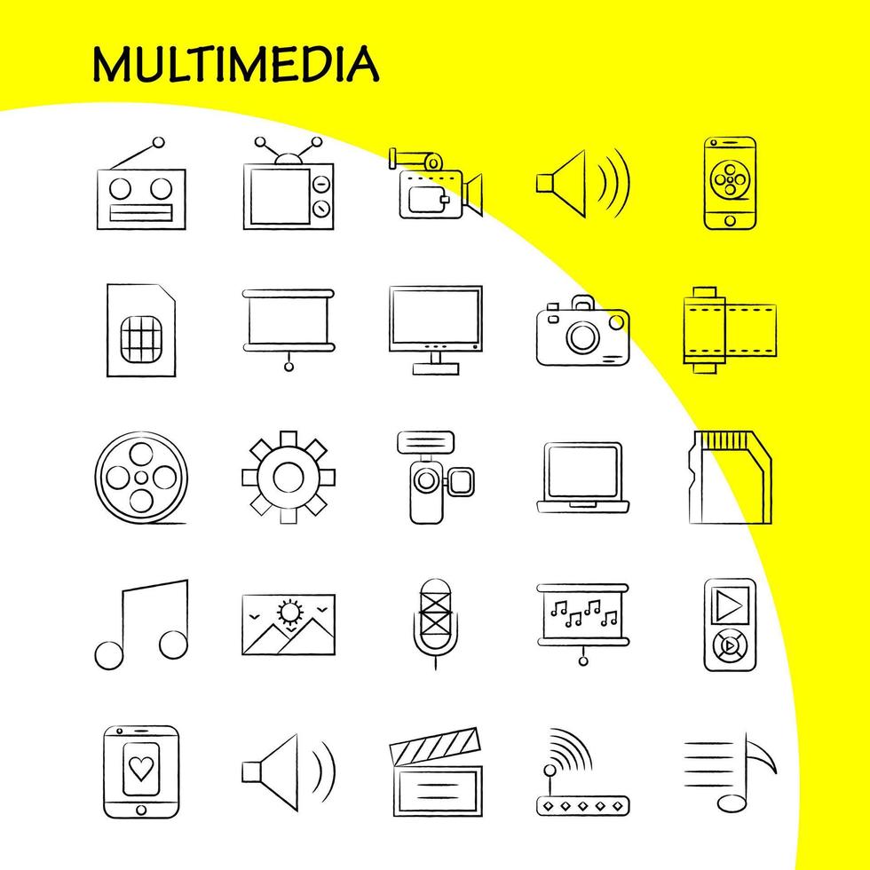 ícone desenhado à mão multimídia para impressão na web e kit uxui móvel, como engrenagem, manutenção, configuração, ferramenta, ajuste, alto-falante, hardware de computador, vetor de pacote de pictogramas