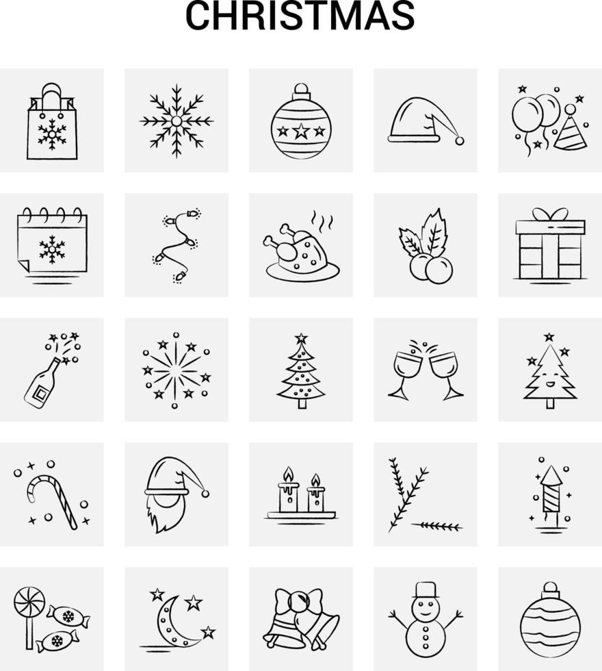 25 ícones de natal desenhados à mão doodle de vetor de fundo cinza