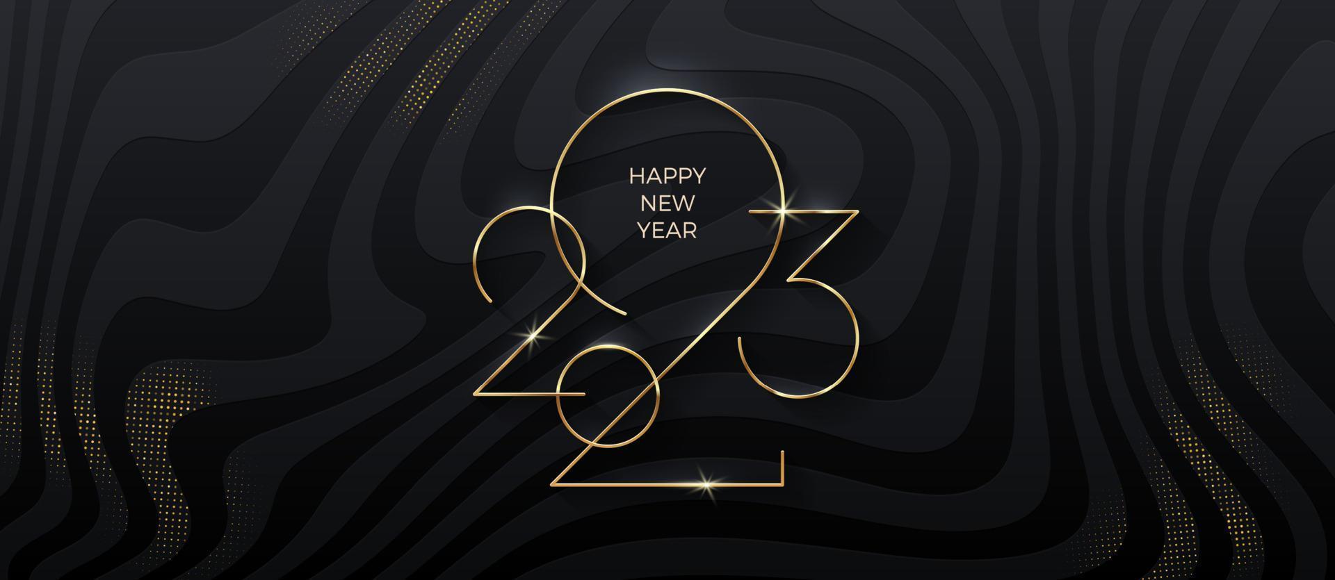 logotipo dourado do ano novo de 2023 em fundo listrado preto com glitter dourado. cartão de férias. design de férias para ilustração vetorial de cartão, convite, calendário, etc. vetor