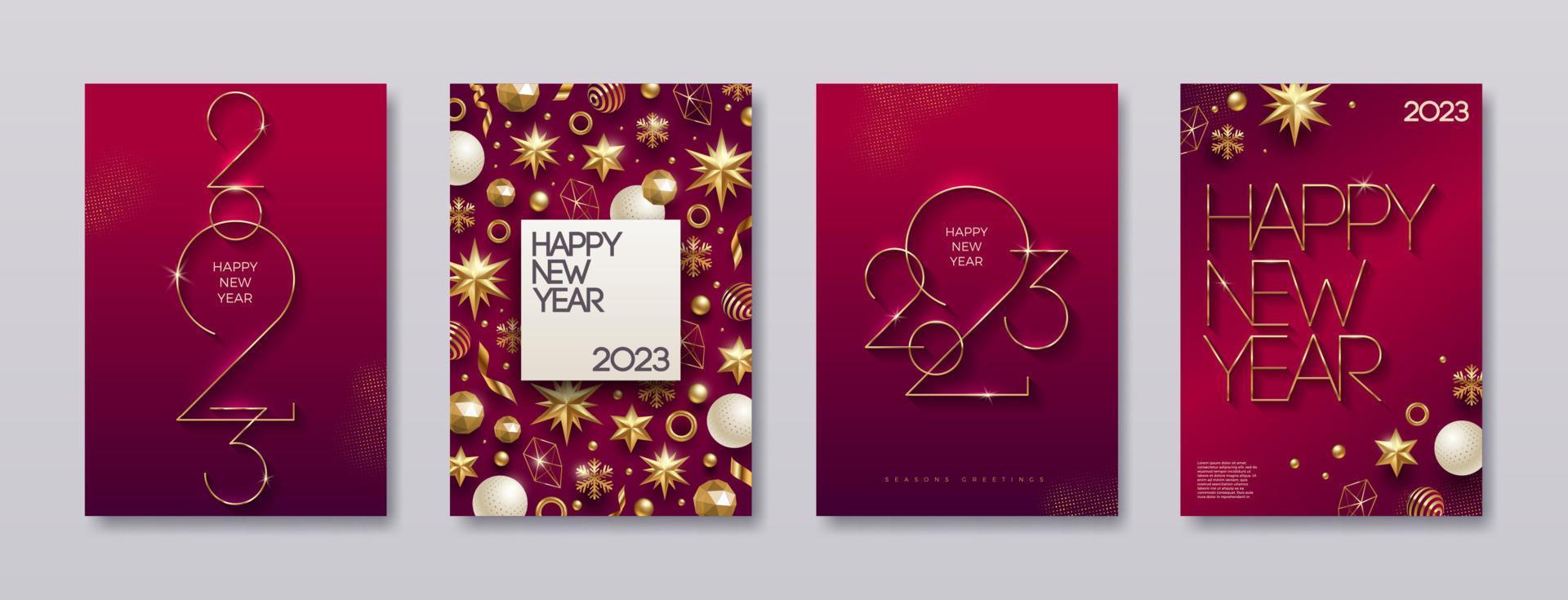 conjunto de cartão de felicitações com logotipo de ano novo dourado 2023. sinal dourado de ano novo, fundo com decorações de natal. ilustração vetorial. design de férias para cartão, convite, capa, calendário. vetor