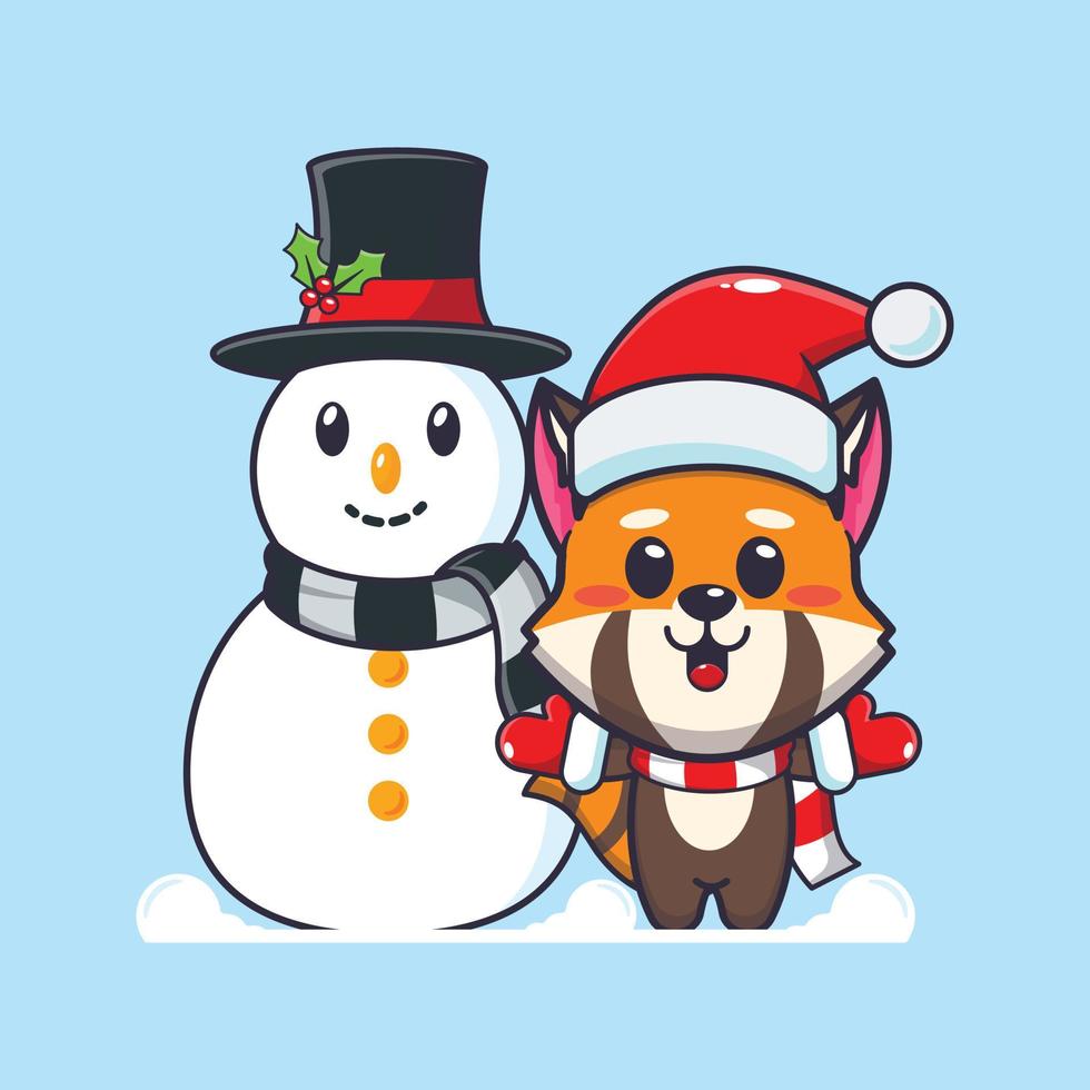 lindo panda vermelho brincando com boneco de neve. ilustração bonito dos desenhos animados de Natal. vetor