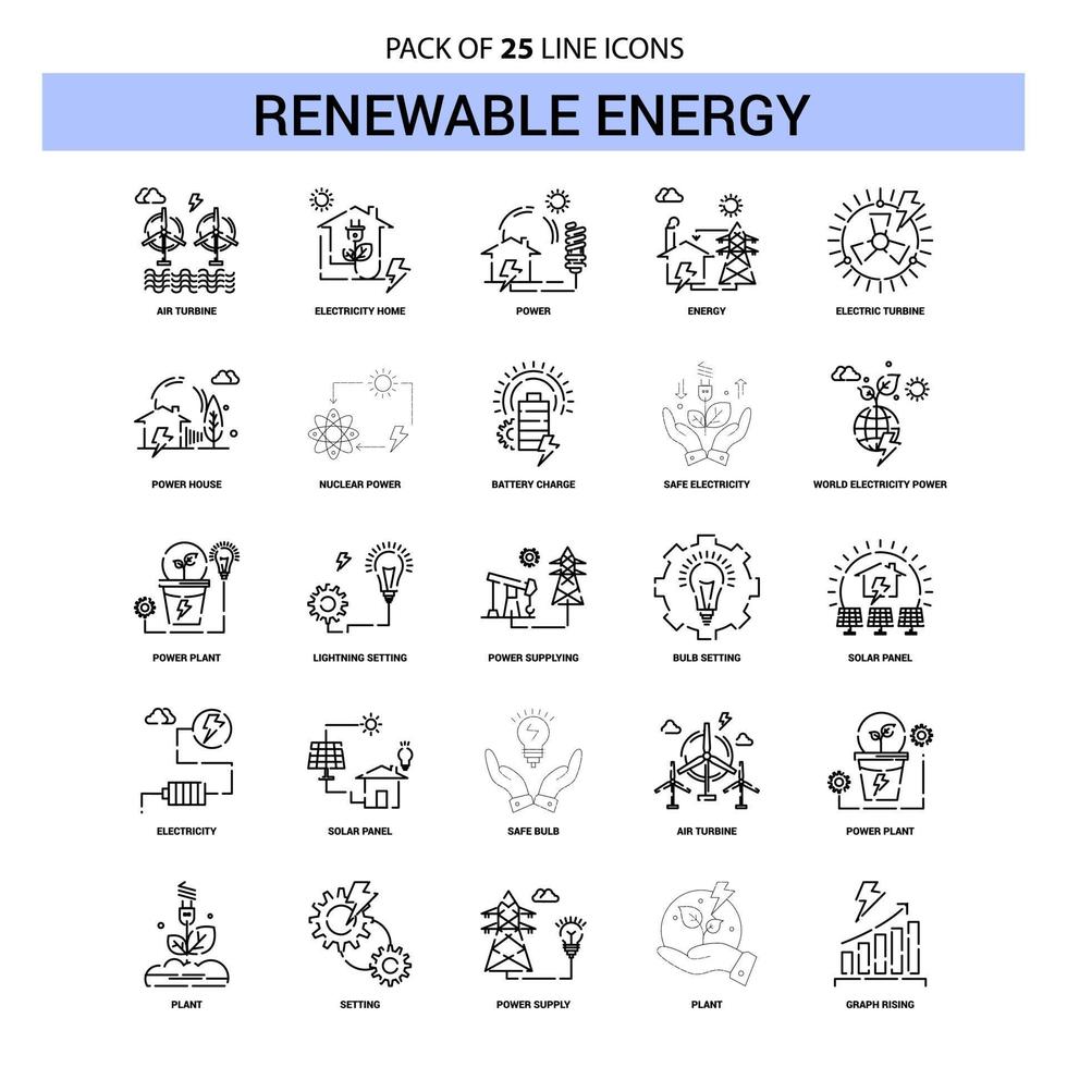 conjunto de ícones de linha de energia renovável 25 estilo de contorno tracejado vetor