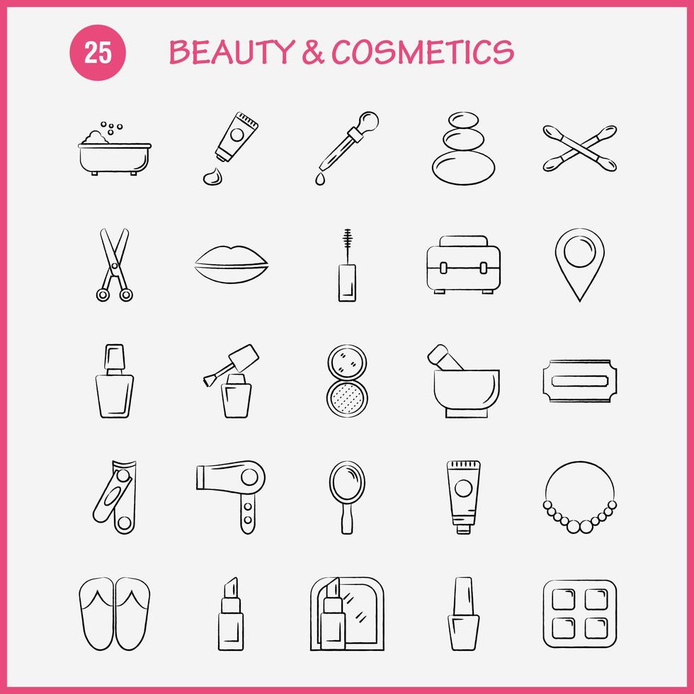 ícone desenhado à mão de beleza e cosméticos para impressão na web e kit uxui móvel, como colar de joias, lábios presentes, boca cosmética, roupas de beleza, vetor de pacote de pictogramas