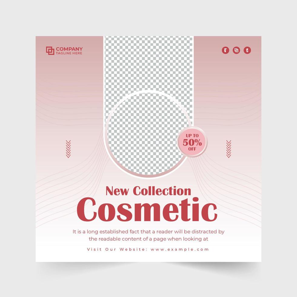 cuidados de beleza e vetor de modelo de mídia social de venda cosmética com oferta de desconto. modelo de banner web promocional de negócios cosméticos com cores azuis e vermelhas. modelo de venda de produtos de beleza para marketing.