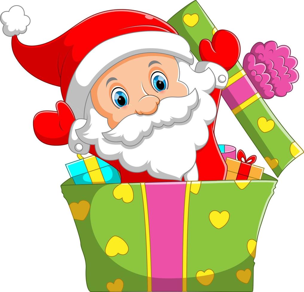 o mini papai noel usando o chapéu de natal saindo da linda caixa grande de presentes vetor