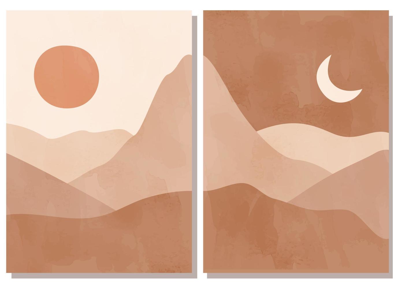 cartazes de paisagem minimalista abstrato moderno. deserto, sol e lua. cena diurna e noturna. cores pastel, tons de terra. estampas boho de meados do século. projeto plano. vetor