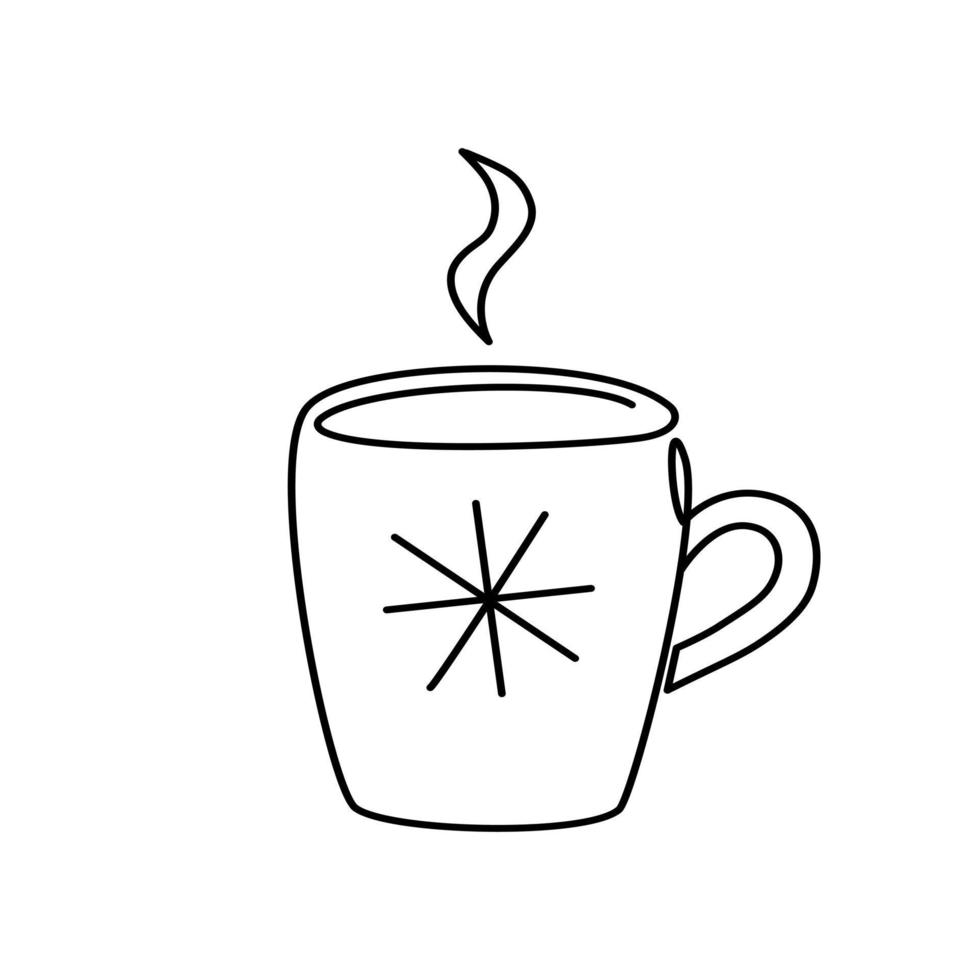 bebida de inverno quente ou quente em uma caneca com floco de neve. xícara de café quente ou chá com símbolo de vapor. ilustração vetorial de contorno. arte de linha, estilo minimalista vetor