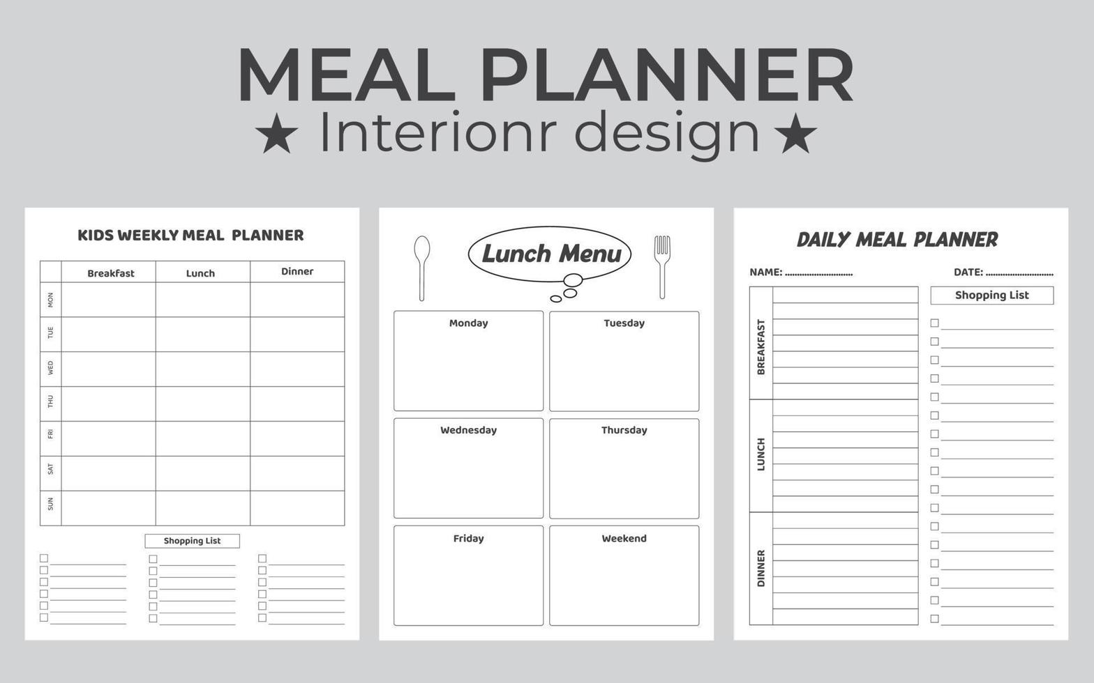 modelo imprimível de planejador de refeição minimalista. planejador para refeições semanais e diárias para café da manhã, almoço, jantar e lanches. vetor