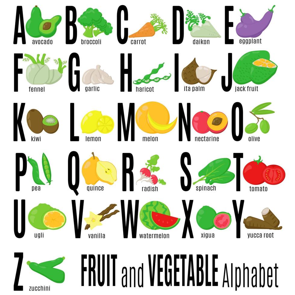 abc frutas e legumes, alfabeto e comida que começa com suas letras, para as crianças aprenderem vetor