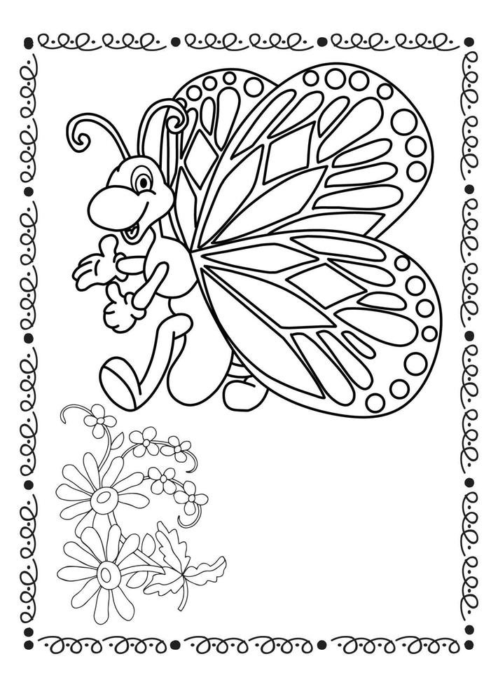 desenho de flor e borboleta para colorir para crianças vetor