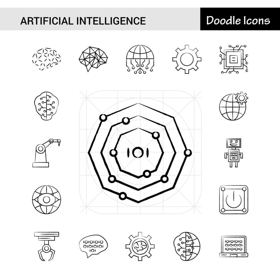 conjunto de 17 ícones desenhados à mão de inteligência artificial vetor