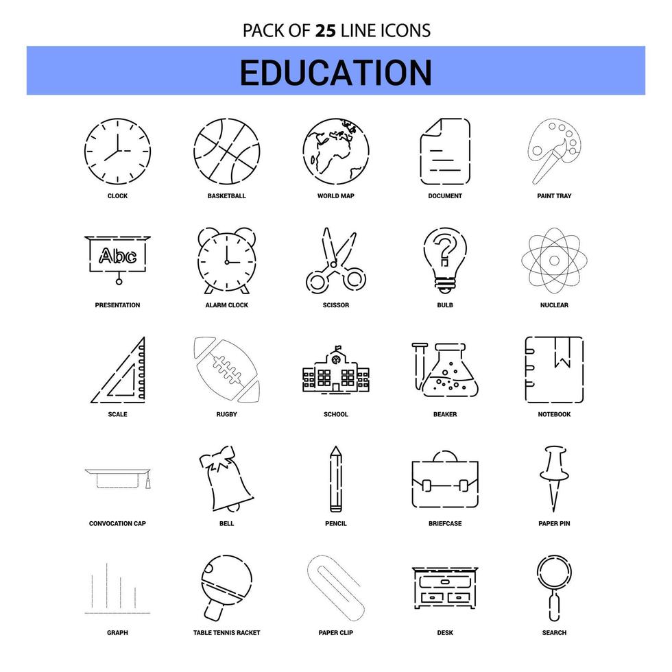 conjunto de ícones de linha de educação 25 estilo de contorno tracejado vetor