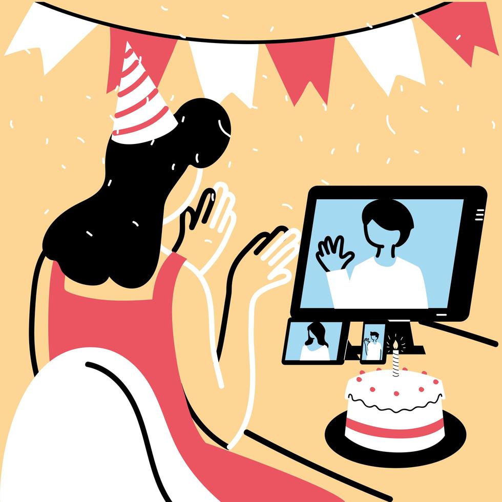 mulher com chapéu de festa e computador no chat vetor