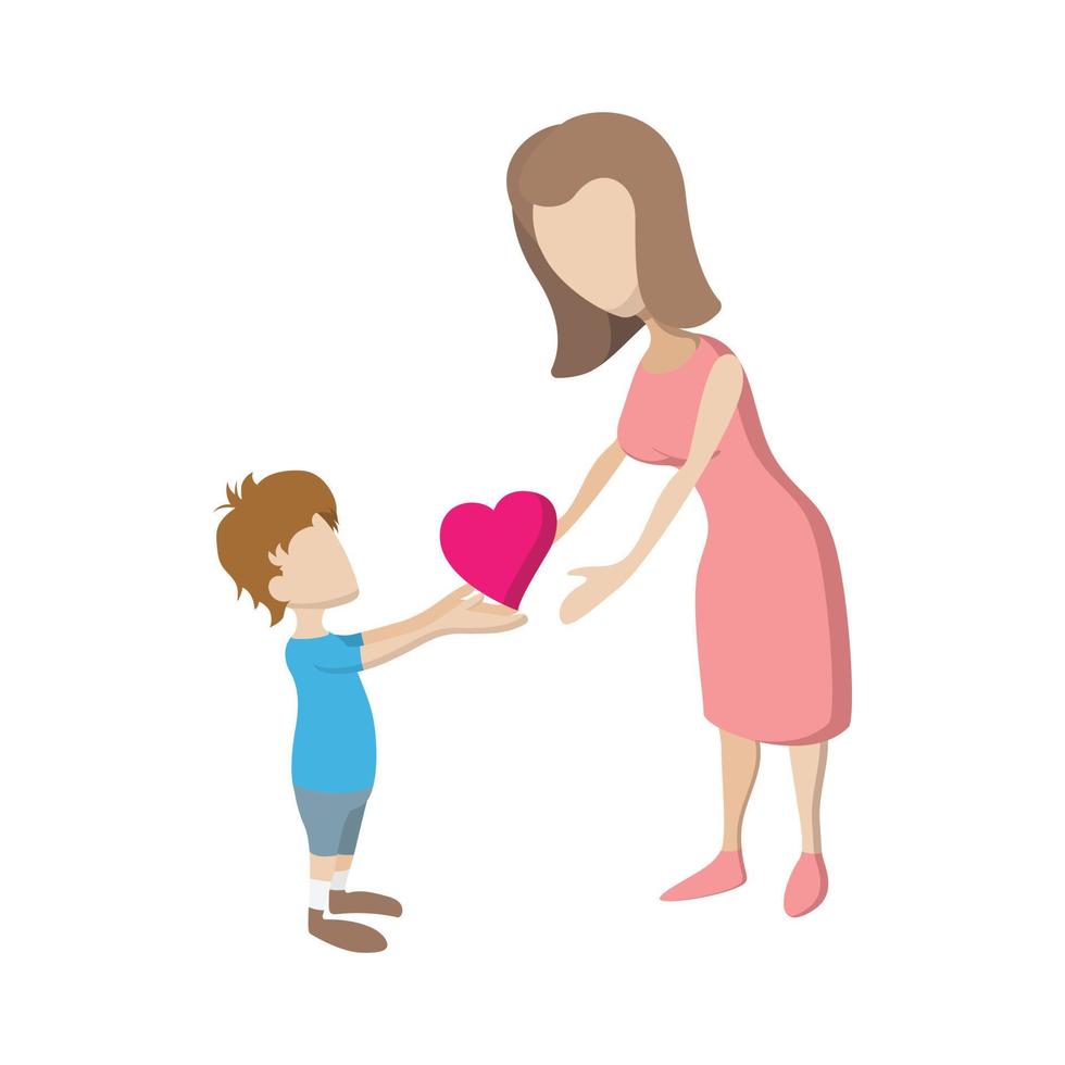 menino dando um coração para sua mãe ícone dos desenhos animados vetor