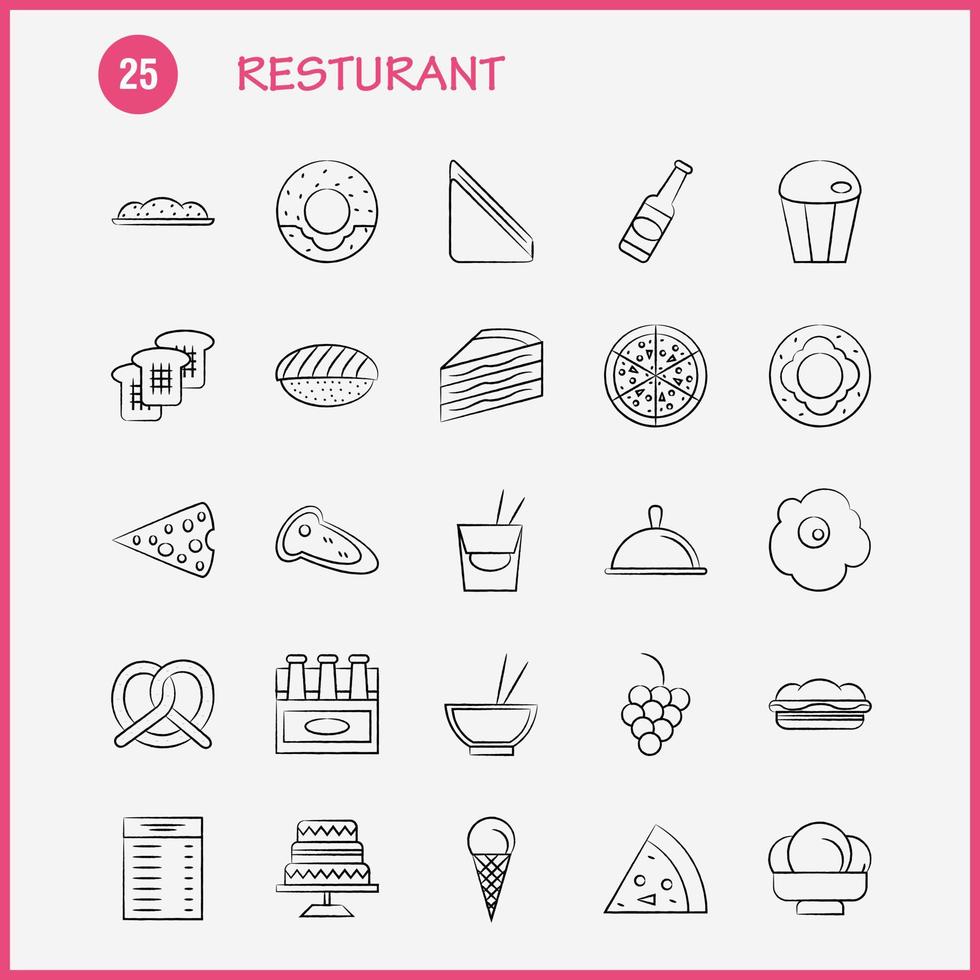 ícones desenhados à mão do restaurante definidos para infográficos kit uxui móvel e design de impressão incluem comida de cenoura refeição de vegetais garrafa de refeição de comida mostarda eps 10 vetor