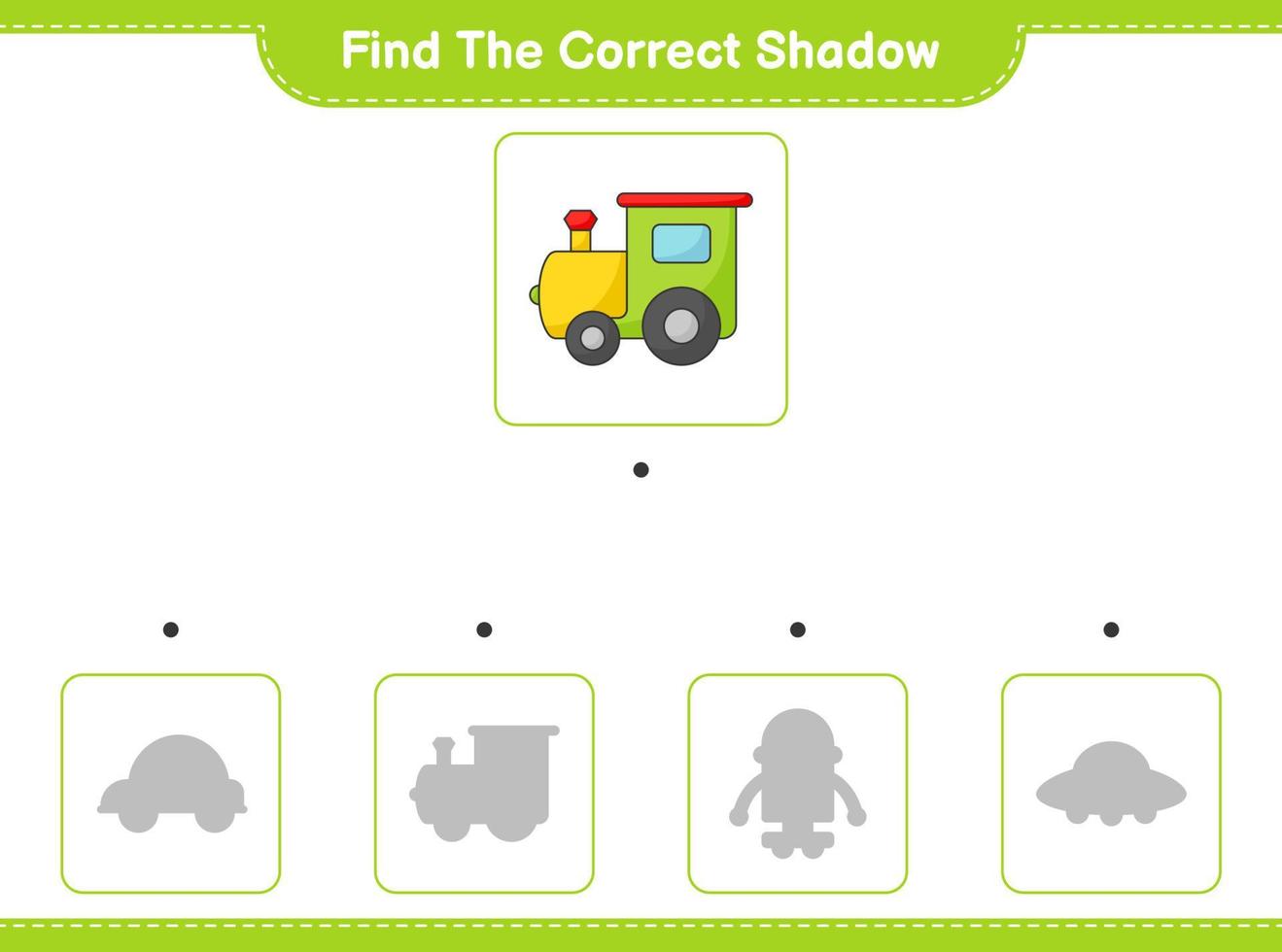 encontre a sombra correta. encontre e combine a sombra correta do trem. jogo educacional para crianças, planilha para impressão, ilustração vetorial vetor