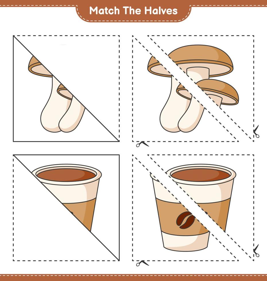 combine as metades. combine metades de shiitake e xícara de café. jogo educacional para crianças, planilha para impressão, ilustração vetorial vetor