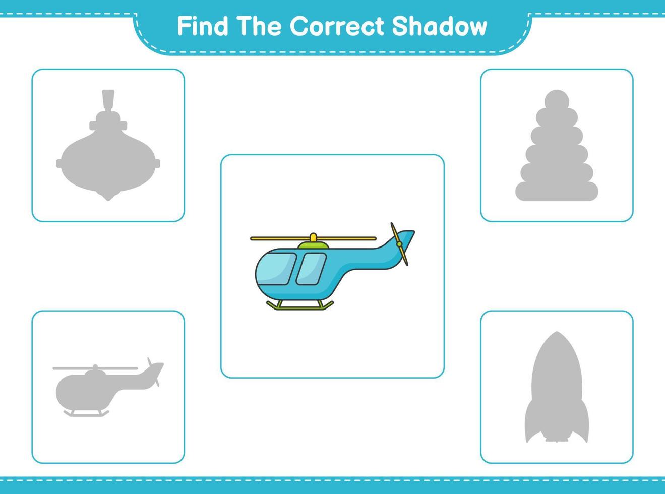 encontre a sombra correta. encontre e combine a sombra correta do helicóptero. jogo educacional para crianças, planilha para impressão, ilustração vetorial vetor
