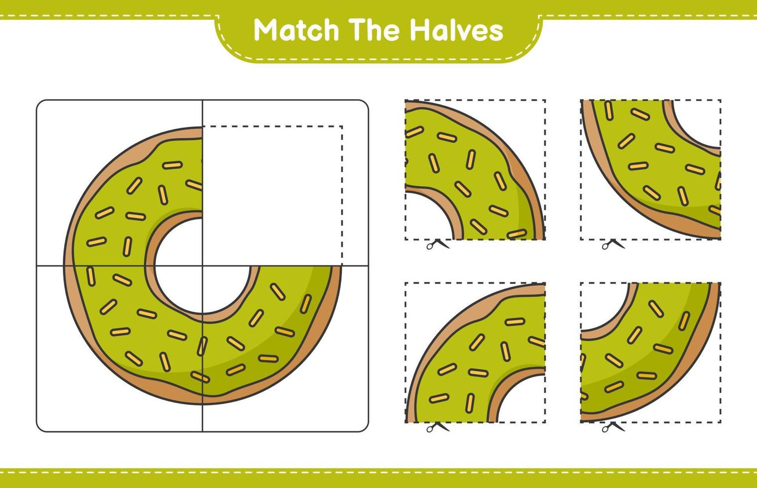 combine as metades. combine as metades do donut. jogo educacional para crianças, planilha para impressão, ilustração vetorial vetor