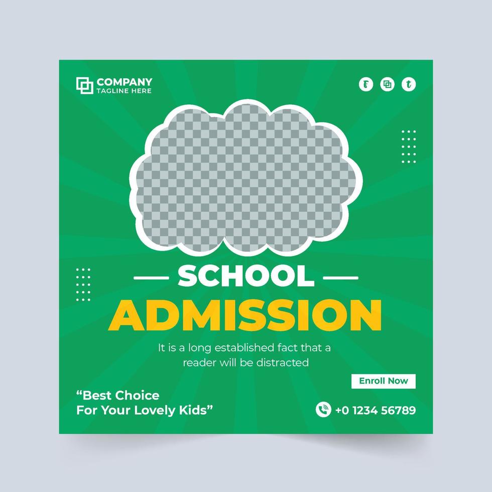 educação infantil e modelo de postagem de mídia social de registro escolar com cores escuras e verdes. design de modelo de admissão escolar simples para promoção. pôster acadêmico e vetor de banner da web.