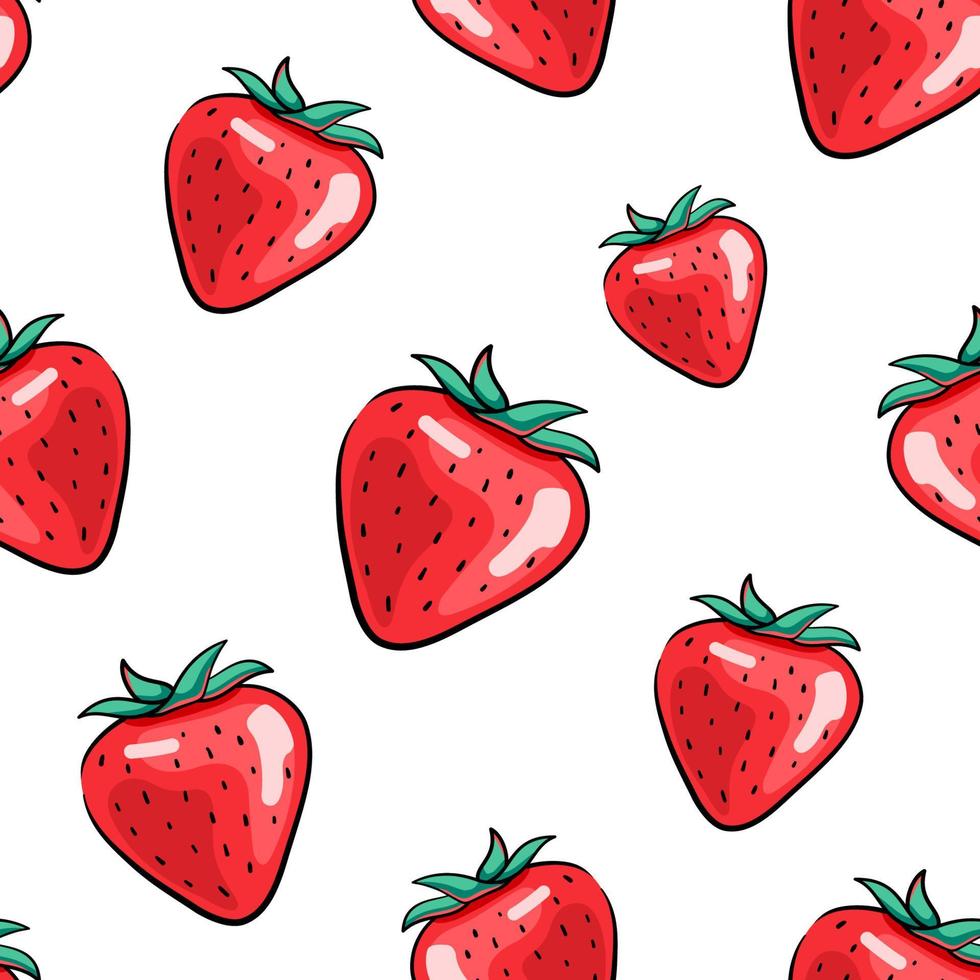 padrão de morango sem costura, fundo de frutas, desenhos animados, quadrinhos, ilustração de estilo doodle vetor