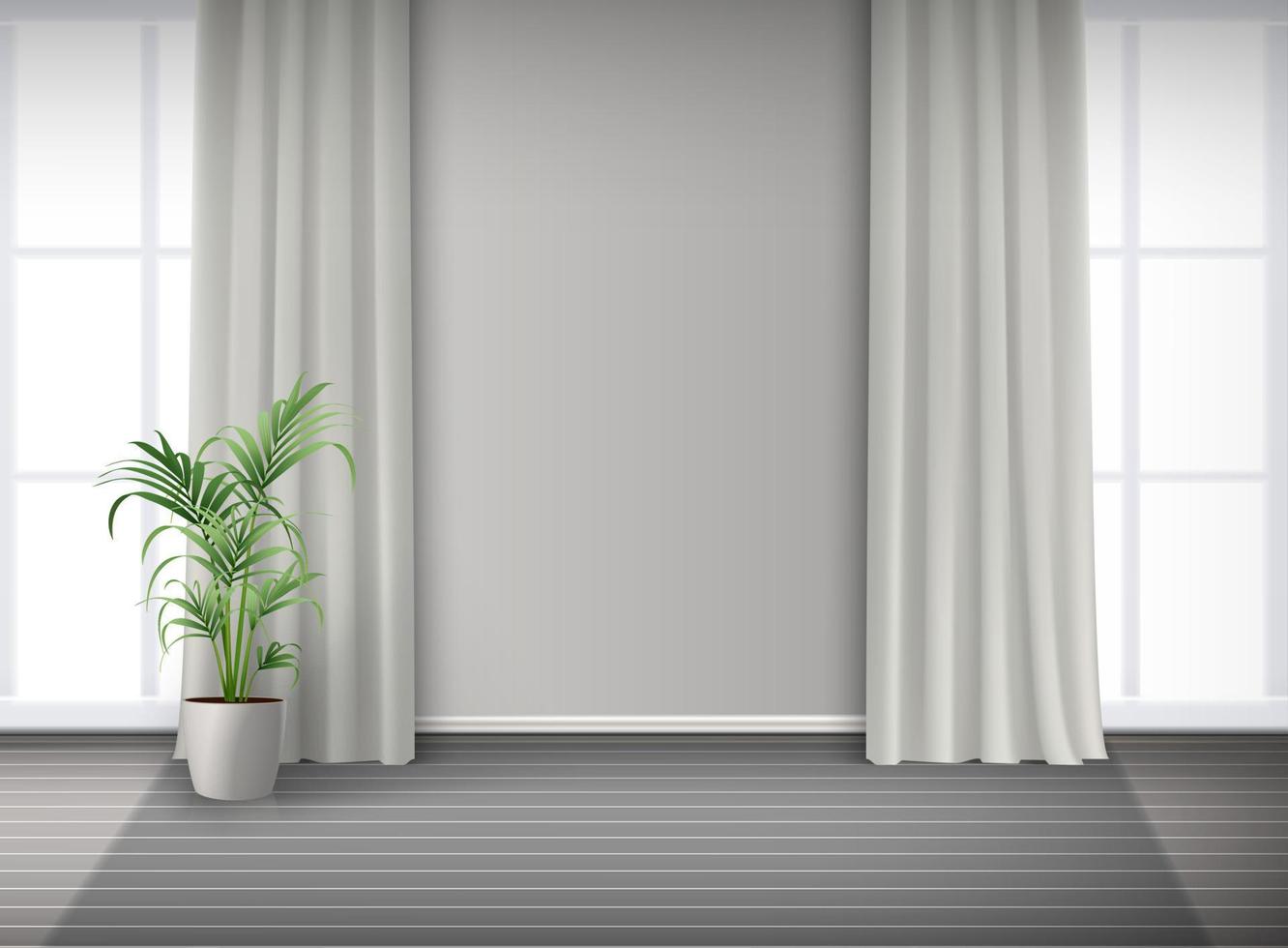 Interior de quarto vetorial realista 3d com grande janela com luz e cortinas e vasos de plantas no chão. vetor