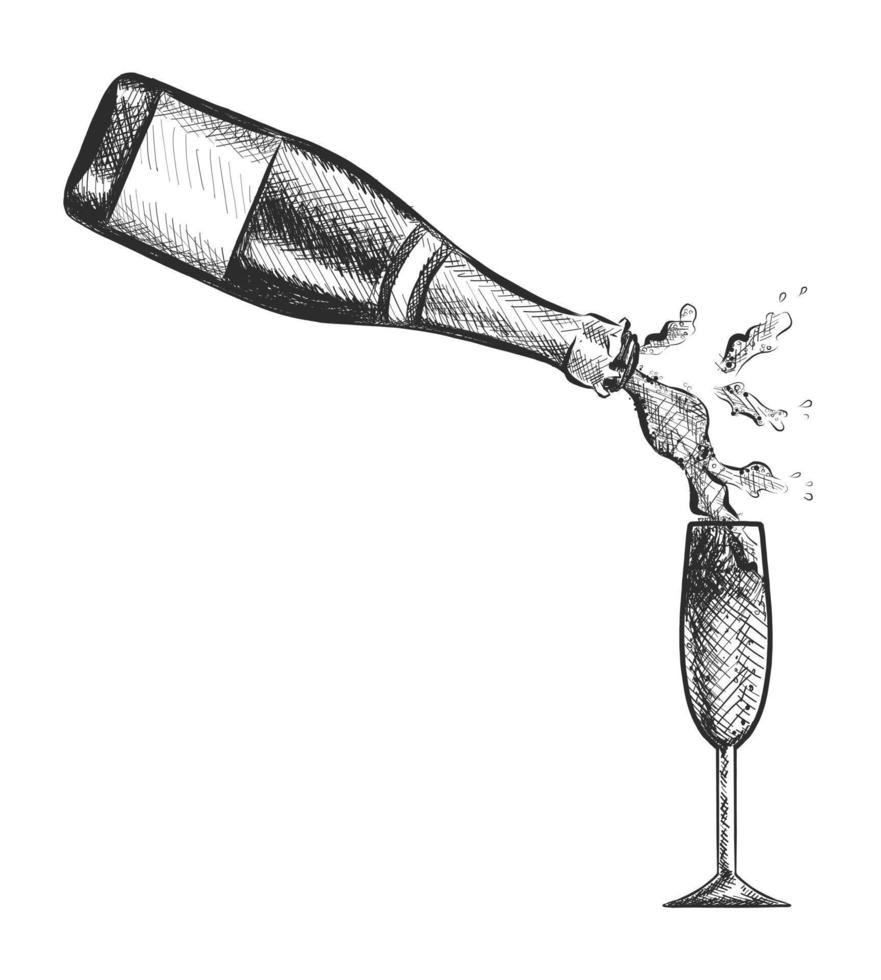 garrafa de champanhe desenhada à mão vetorial debruçada no copo. vetor