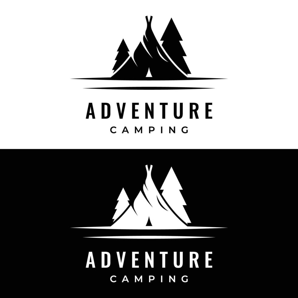 acampamento ao ar livre vintage e retrô ou logotipo de modelo de barraca de acampamento. com tenda, árvores e sinal de fogueira. acampamento para aventureiros, escoteiros, alpinistas. vetor