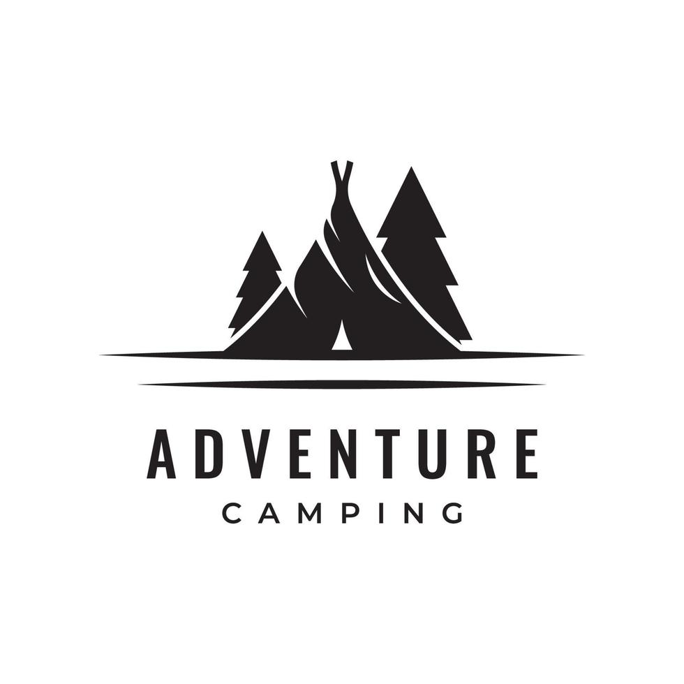 acampamento ao ar livre vintage e retrô ou logotipo de modelo de barraca de acampamento. com tenda, árvores e sinal de fogueira. acampamento para aventureiros, escoteiros, alpinistas. vetor