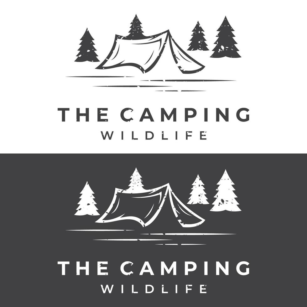 acampamento ao ar livre vintage e retrô ou logotipo de modelo de barraca de acampamento. com tenda, árvores e sinal de fogueira. acampamento para aventureiros, escoteiros, alpinistas. vetor