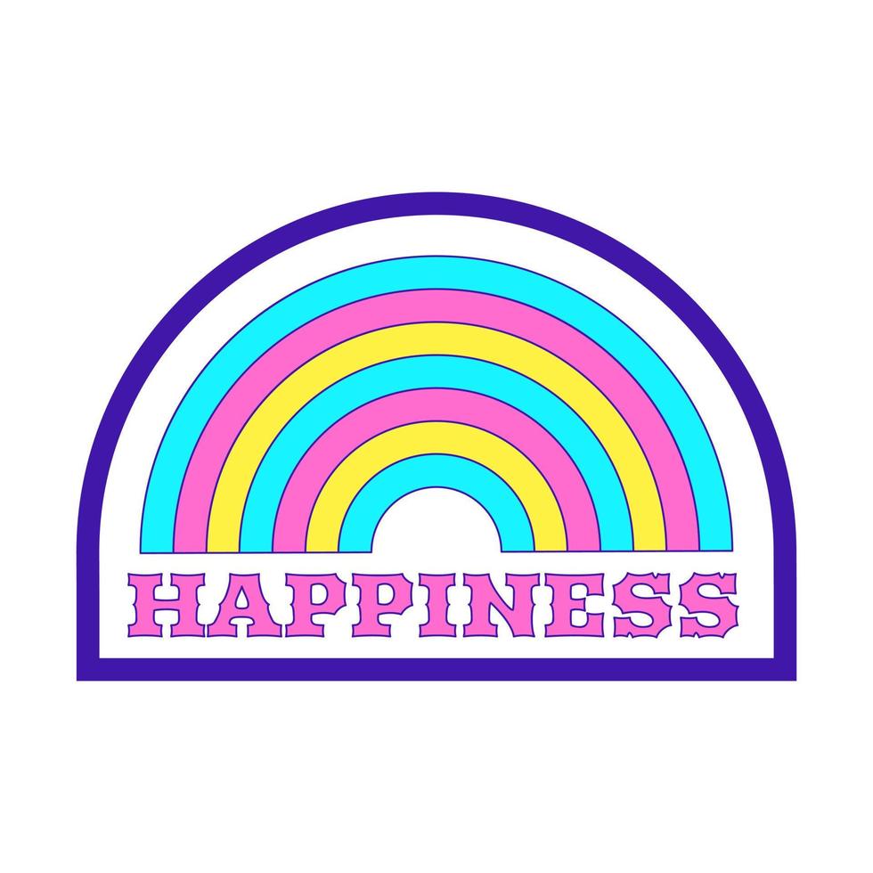 patch feminino y2k. um adesivo com um arco-íris e a palavra felicidade. elemento gráfico de texto em cores ácidas brilhantes. nostalgia dos anos 2000. ilustração vetorial simples isolada em um branco vetor