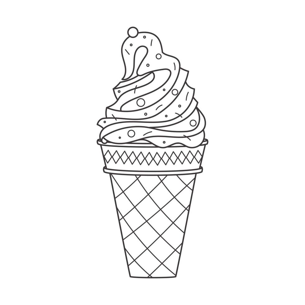 sorvete de contorno em um cone de waffle com confeitos. comida doce de verão. deliciosa sobremesa congelada. rabisco linear vetorial desenhado à mão ilustração em preto e branco isolado em um fundo branco vetor