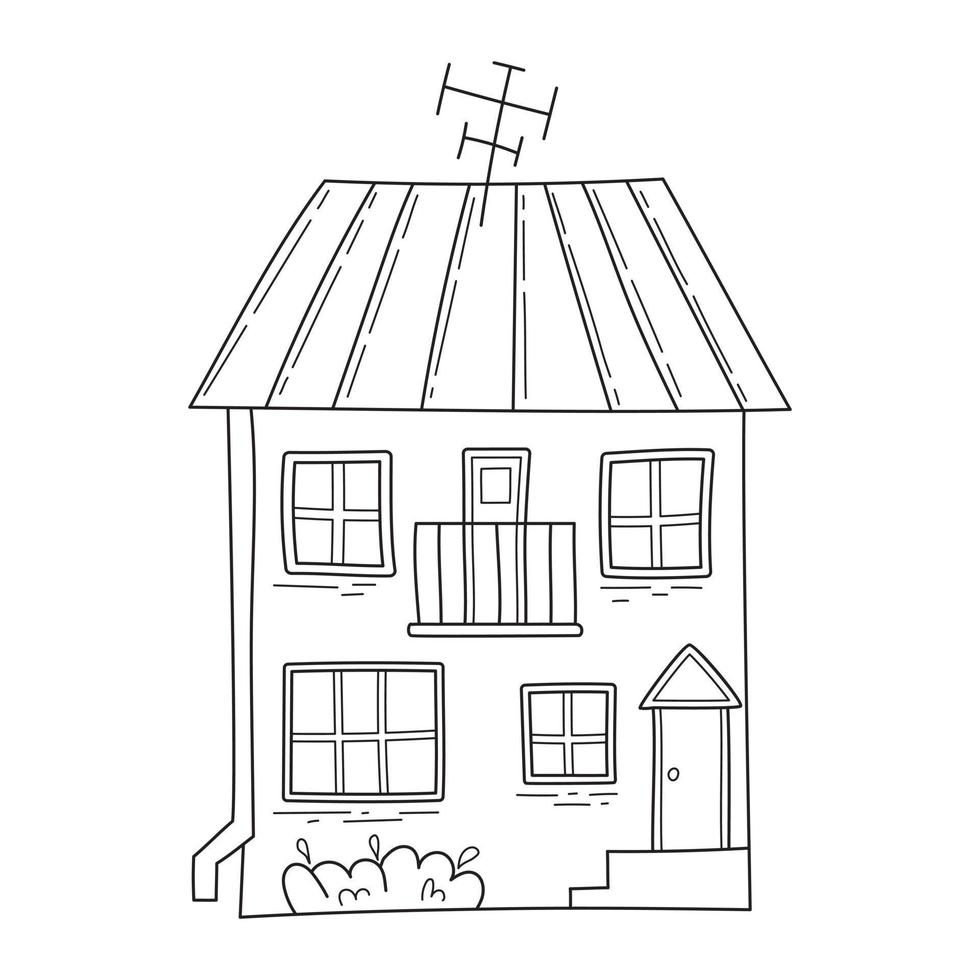 casa simples com antena, arbusto e varanda em estilo doodle de esboço. vetor