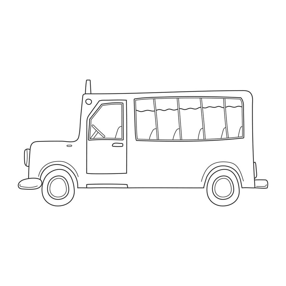 um ônibus escolar com janelas em estilo doodle de esboço. vista lateral. vetor