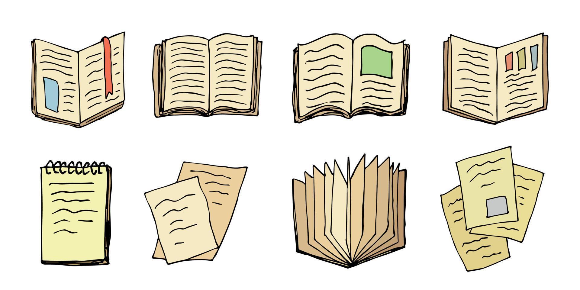 conjunto de clipart de livro de vetor. ilustração de escola desenhada de mão. para impressão, web, design, decoração, logotipo. vetor