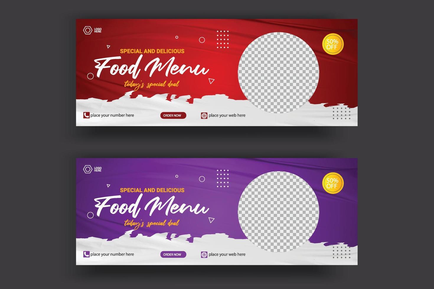 banner de capa de mídia social modelo de oferta de desconto de publicidade de comida design de postagem de capa de comida de mídia social vetor