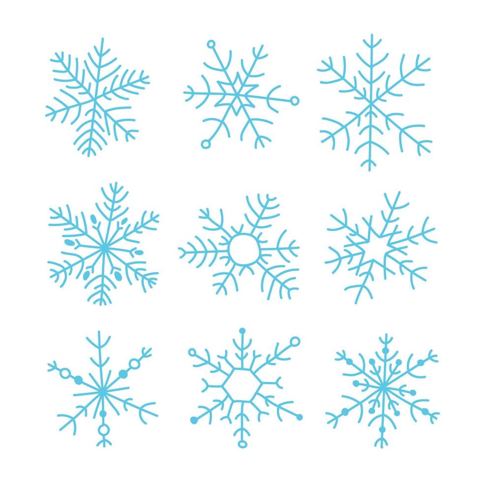 coleção de ícones desenhados à mão simples floco de neve azul isolada no fundo branco. ano novo, elementos de design de natal, neve de inverno, cristal de gelo congelado, símbolo de geada de natal vetor