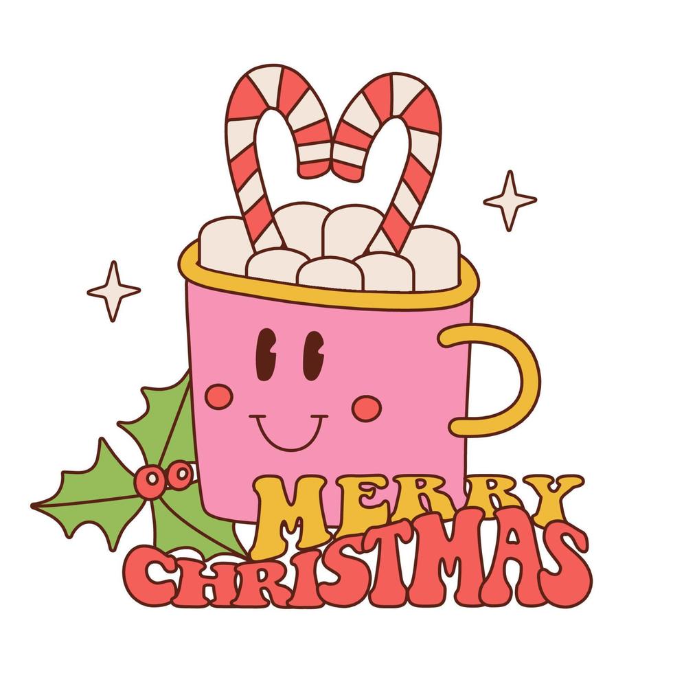 groovy caneca retrô de natal de bebida de cacau. mascote da xícara de chocolate com pirulito, marshmallow e azevinho no estilo dos anos 70. tipografia de feliz natal. vector mão desenhada ilustração linear.