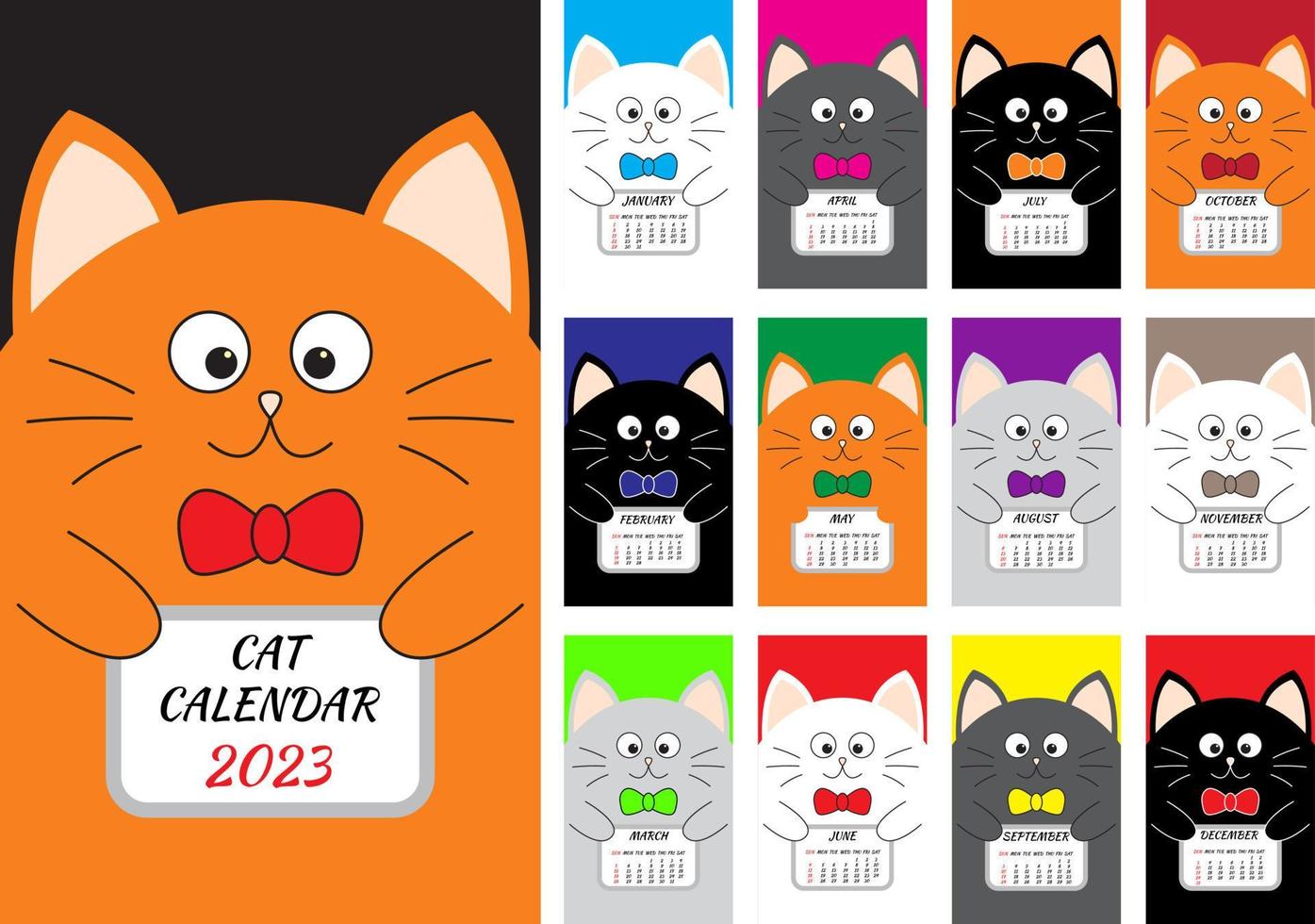 capa do calendário mensal vertical do gato 2023. o mês todo. conjunto de personagens de desenho animado fofo. vetor plano