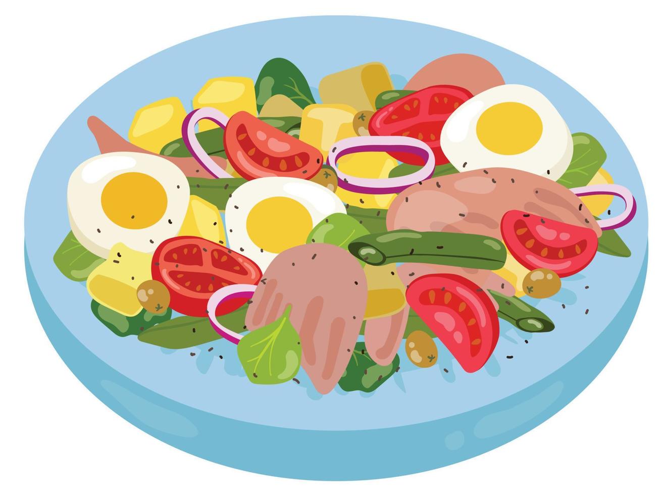 salada niçoise com atum no prato azul. cozinha francesa. mão desenhada ilustração vetorial. adequado para site, adesivos, cartões postais, menu. vetor